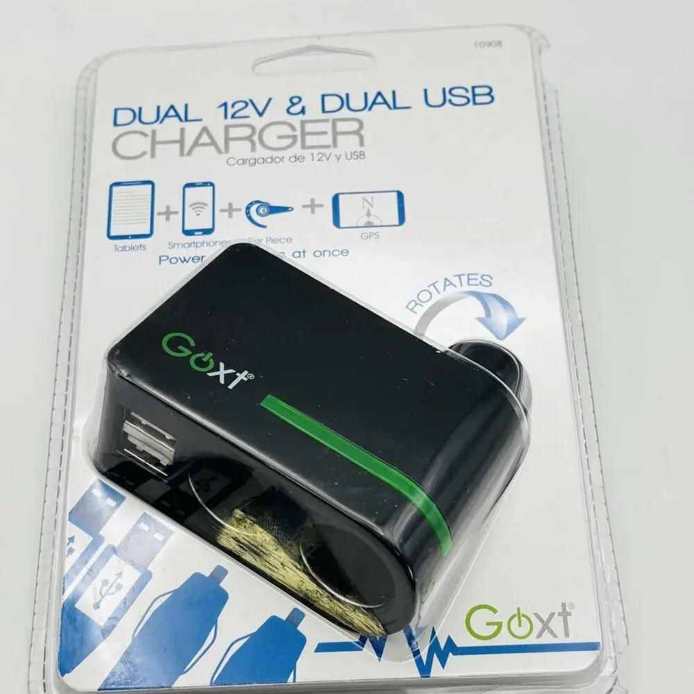 Goxt Dual 12V & Dual USB Charger for Cigarette Lighter 4 devices at once Sealed